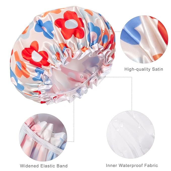 Aquior Large Shower Cap, Shower Cap for Women Reusable Waterproof, Bath Hair Cap for All Hair Lengths,for Ladies, Men and Kids (Flower)