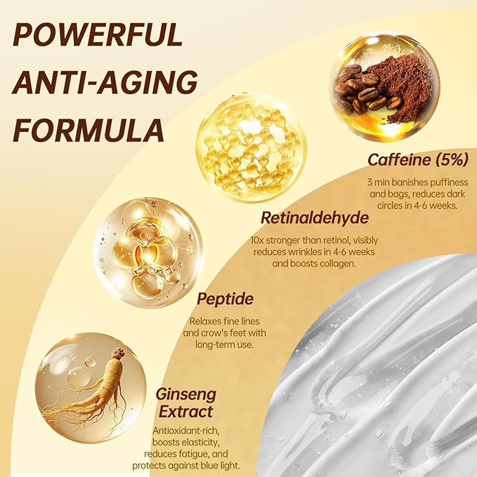 5% Caffeine Eye Serum with Retinal Peptides Hyaluronic Acid for Dark Circles Wrinkles & Eyelid Lift - Instant Morning Bags Depuffing - 360° Roller - Skincare Eye Cream for Women & Men (0.51 fl.oz)