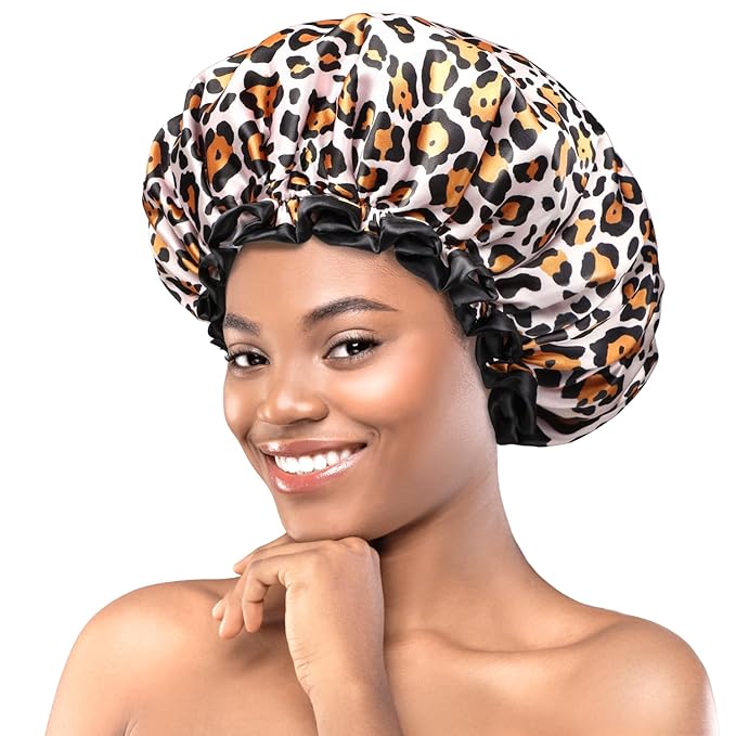 mikimini Large Shower Cap for Women Long Hair, Leopard Stylish Shower Caps with Black Lace, Double-layer Waterproof, Reusable, Washable