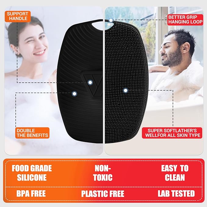 Silicone Body Scrubber - Zinc Infused-Highly Elastic Bristles Exfoliating Body Scrubber for Shower Body,Cellulite Reduction,Blood Circulation - Black