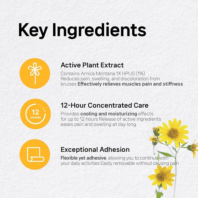 Arnica Hydrogel Pain Relief Patches | Natural Relief for Muscle, Joint, Bruises & Swelling | Flexible, Non-Greasy & Long-Lasting | Great for Back, Knee & Neck Pain (3.9"x4.7", 5, Count)