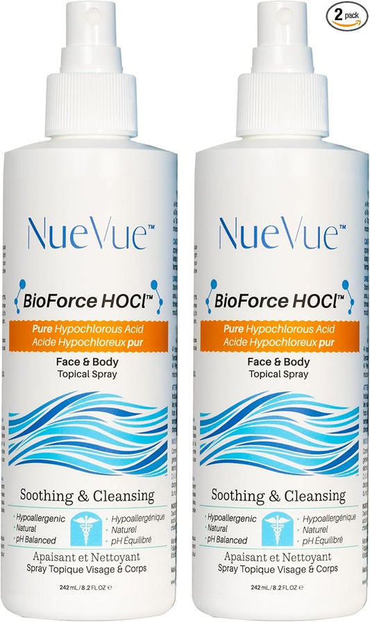 BioForce Pure Hypochlorous Acid Spray for Face & Body - Made in Canada - Gentle Skin Cleanser & Toner, Acne-Prone Skin, Eczema, Piercing aftercare, pH Balanced, Alcohol-Free, NueVue (2-Pack x 8.2oz)