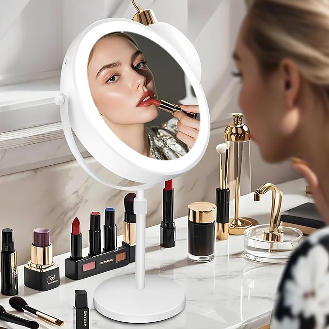 8.7" Large Lighted Makeup Mirror, 1X/10X Magnifying Mirror with 3 Color Dimmable Lights, Double Sided Vanity Mirror, Height Adjustable, 360° Swivel Cosmetic Mirror for Women Girl(White)