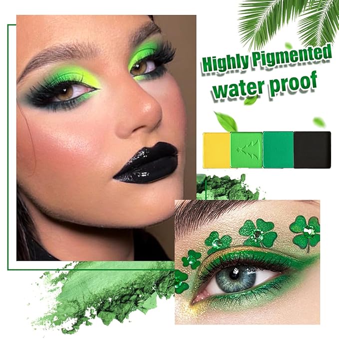 Afflano Green Eyeshadow Palette - Multichrome Red, Forest Green Glitter, White, Black, Blue Grinch St. Patrick's Day Makeup Gift