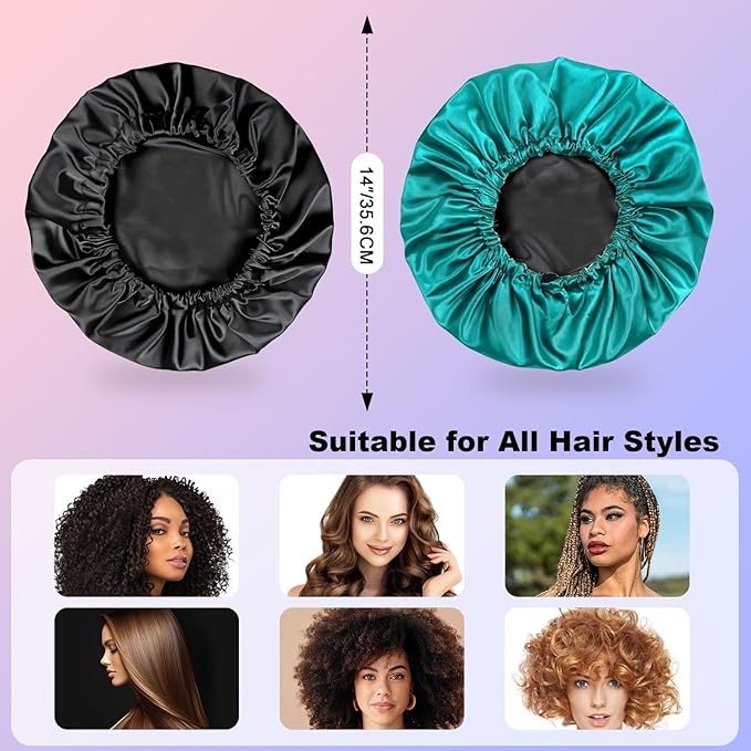 2PCS Silk Sleeping Bonnet，Double Layer Satin Bonnet for Women，Adjustable Silk Hair Cap, Shower Cap, Ideal Gift (Black+Blue)