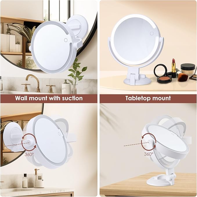 1X 10X Magnifying Shower Mirror with Lights, Rechargeable Lighted Manification Shaving Mirror No Drilling Locking Suction Mount, Double Sided 360° Bathroom Mirror for Men, Tabletop Makeup Mirror