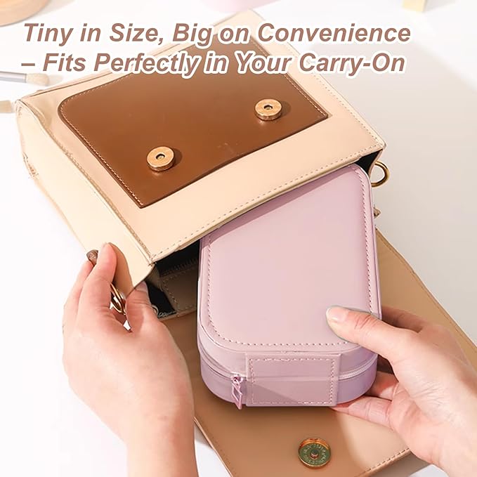 Small Travel LED Makeup Mirror Case with 3 Adjustable Color Light Settings, Dust-Proof Jewelry Box, Mini Cosmetic Train Case Ideal for Short Trips (Pink)