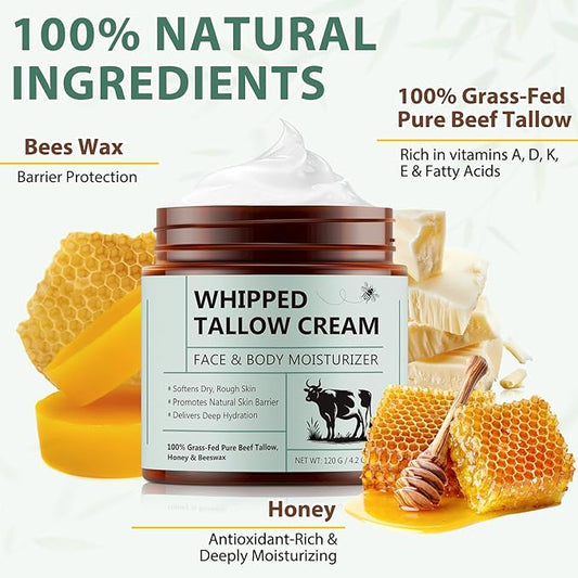 Beef Tallow for Skin, 2pcs Organic Beef Tallow Moisturizer, Grass Fed Beef Tallow for Face and Body with Honey Beeswax, Deeply Moisturizing Unscented Fast Absorption 4.2oz