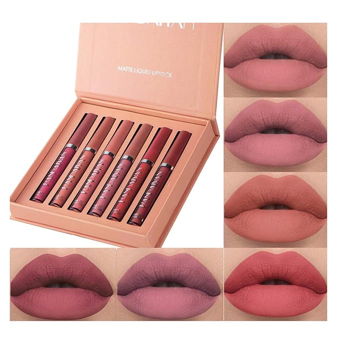 BONNIE CHOICE 6Pcs Nude Matte Liquid Lipstick Set, Waterproof Long Lasting Non-Stick Cup Nude Lipstick 24 Hour Not Fade Matte Lipstick Professional Lip Gloss Makeup Gifts for Women (Set B)