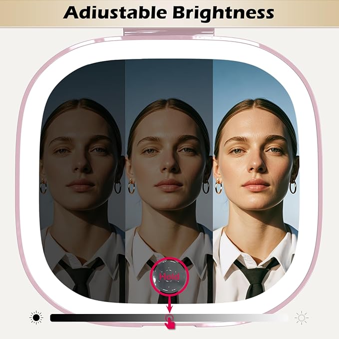 Adjustable Brightness Compact Mirror, Lighted Travel Mirror with 1X/10X Magnifying,Double Sided,Mini Dimmable Portable for Handbag and Pocket, USB C Charging,for Girls Women(Pink)