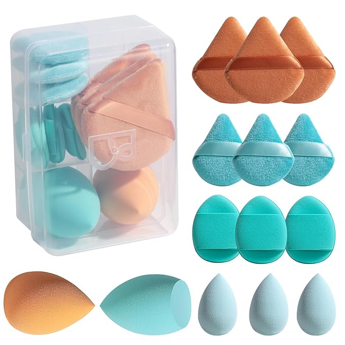 Makeup Sponge Set BS-MALLTriangle Puff 14 Pcs for Liquid, Cream, and Powder, Multi-colored Makeup Sponges and Mini Makeup Sponge (E-GreenOrange)