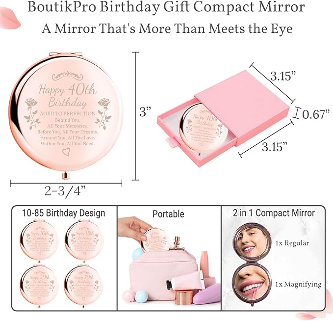 Birthday Gifts for Women Makeup Mirror 10th-85th Birthday Gifts for Sister Mom BFF Daughter Grandma Granddaughter - Milestone Birthday Presents 2-in-1 Compact Mirror (40th Birthday)