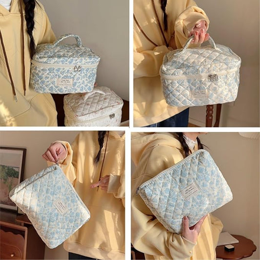 2 Pcs Quilted Makeup Bag,Cotton Coquette Make up Bag Set,Floral Cute Makeup Bags Large Travel Toiletry Cosmetic Bag Organizer for Women Girls (A)