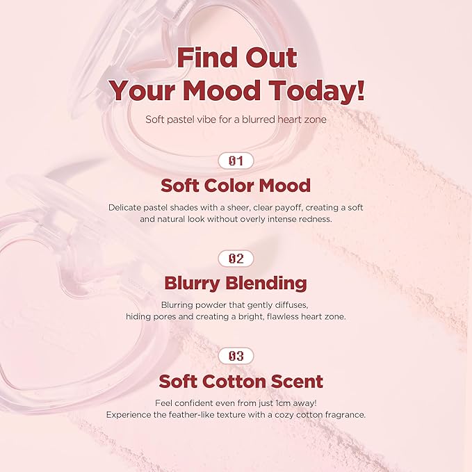 lilybyred Luv Beam Blur Cheek | Heart-Shaped Korean Powder Blush, Silky Texture, Lightweight, Soft Blurring Matte Finish, Long-Lasting, Natural Flush, Cozy Cotton Scent, 0.15 oz. (01 Blurry Cherry)