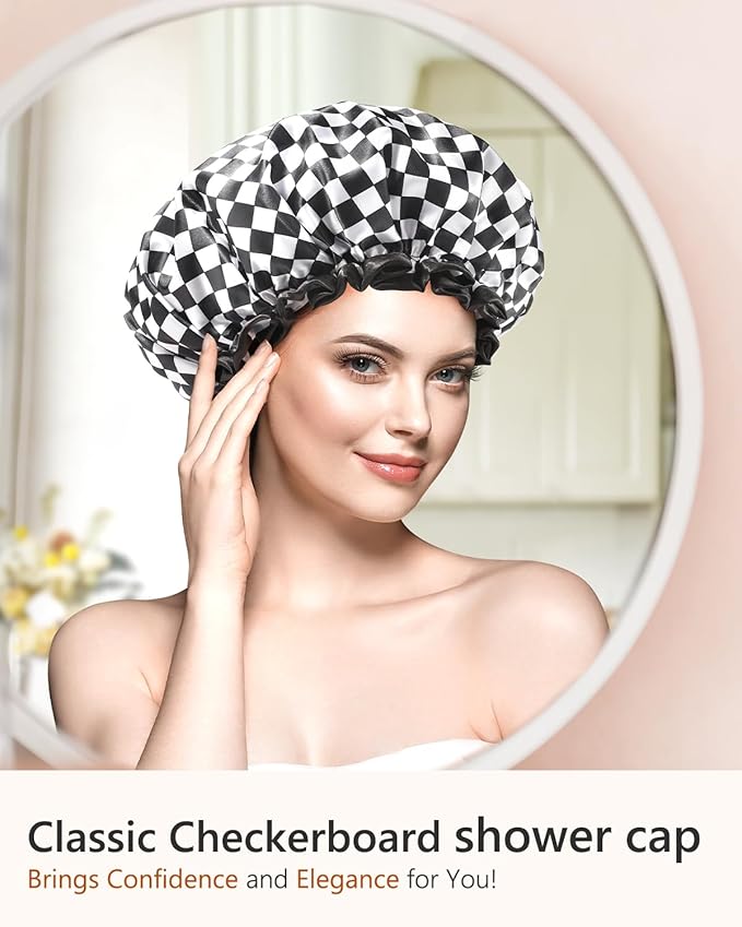 mikimini Large Shower Cap for Women Long Hair, 2 Pack,Elegant Chessboard Design,Double-layer Waterproof, Reusable, Washable, No Odor, X-Large