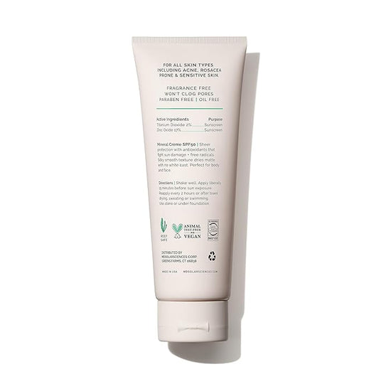 MDSolarSciences Mineral Crème Sunscreen SPF 50 | Water-Resistant, Broad Spectrum UV Protection | Zinc Oxide Formula with Antioxidants | No White Cast, Sheer Matte Finish for All Skin Types (3.4 Fl Oz)