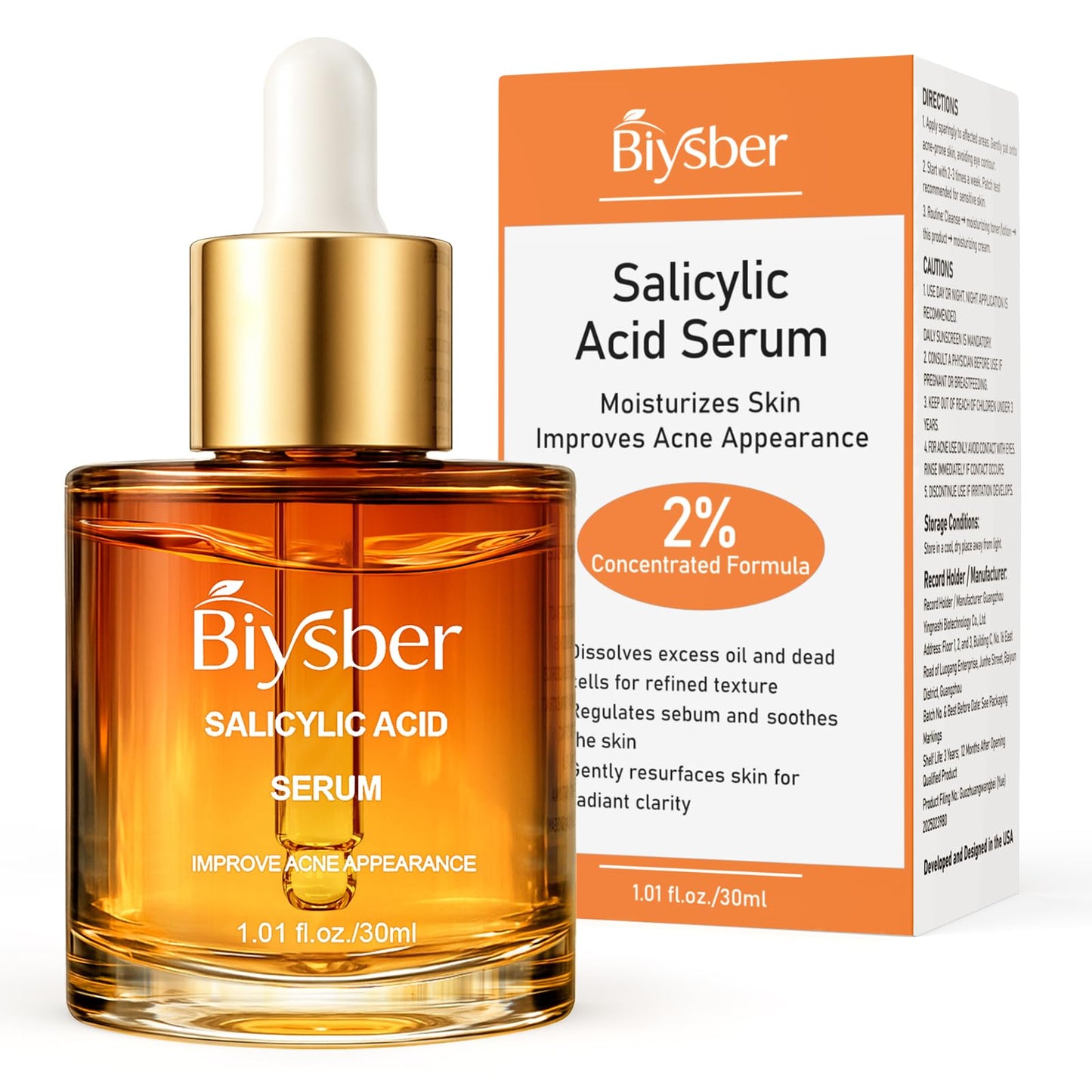 BIYSBER Salicylic Acid 2% Serum Solution for Face: Gently Exfoliating Facial Serum for Acne,Blackhead & Open Pores & Reduces Excess Oil - Hydrating& Soothing Skin Care Serum for Acne Prone&Oily Skin