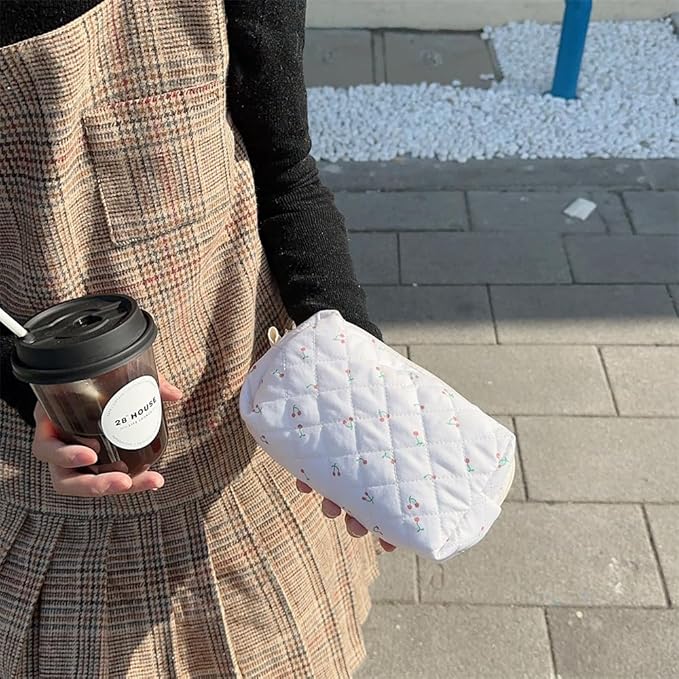 2 Pieces Portable Makeup Bag Travel Small Zipper Cosmetic Bags Organizer for Women Handbag Toiletry Storage Pouch Waterproof Quilting Purse,White Cherry