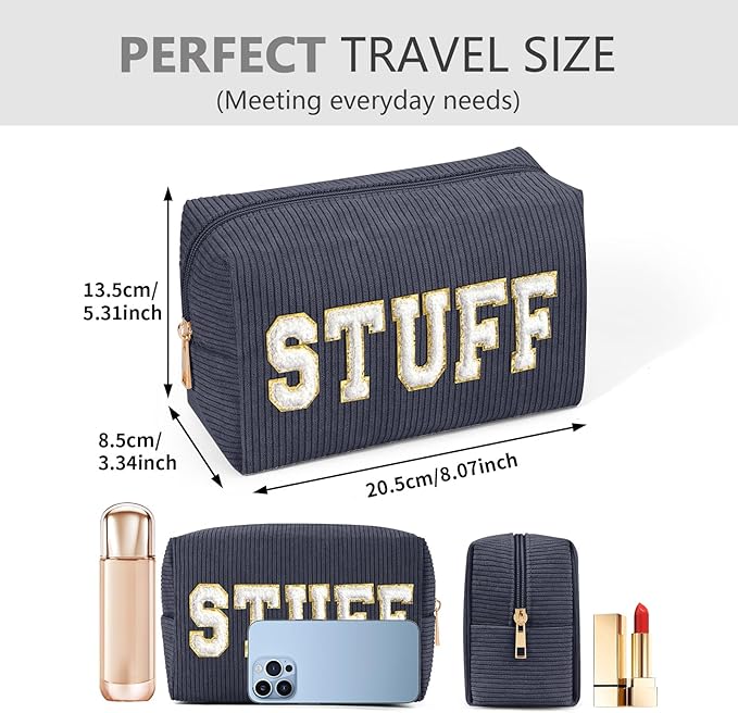 MAGEFY Small Makeup Bag for Purse Portable Makeup Pouch with Compartments Corduroy Make up Bag for Women Travel Cosmetic Essential (Dark Gray, STUFF)