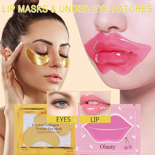 30 Pairs Lip Masks & Under Eye Patches,Cherry Lip Mask Used for Moisturize and Prevent Chapped Lips,24K Gold Eye Mask for Puffy Eyes and Dark Circles Treatment,Cherry Collagen Mask Set