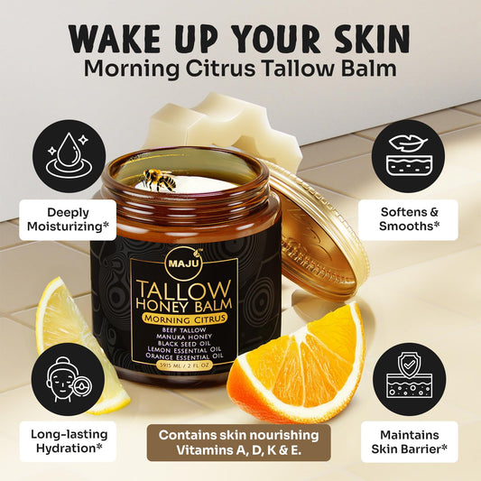 MAJU Tallow Honey Balm, Morning Citrus (2 oz), Grass Fed Beef Tallow for Skin with Organic Black Seed Oil, Manuka Honey and Organic Beeswax, Skin and Face Moisturizer for Deep Hydration