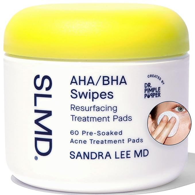 SLMD by Dr. Pimple Popper - AHA BHA Toner Pads Swipes, Salicylic Acid, Glycolic Acid & Lactic Acid - Daily Resurfacing Pads for Face & Body - Facial Exfoliating Resurface, Treat, and Prevent Acne