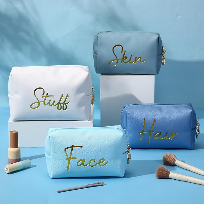 Aliceset 4 Pcs Preppy Makeup Bags Set Cute Travel Cosmetic Pouch Face Skin Hair Stuff Aesthetic Makeup Bags, PU Leather Waterproof Zipper Toiletry Pouch Gifts for Women Girl(Aqua Blue)