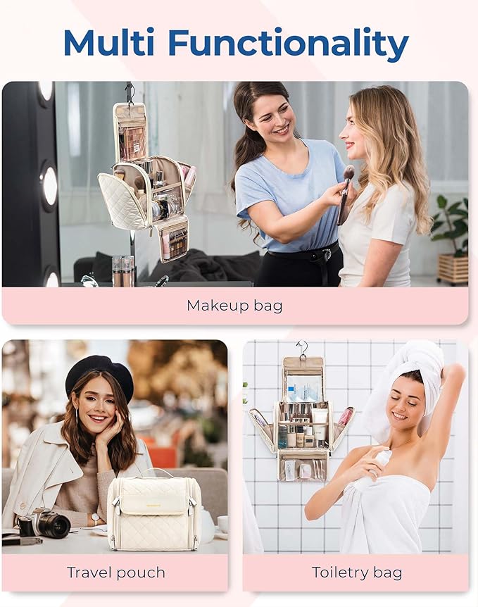 BAGSMART Toiletry Bag Travel Makeup Bag with Hanging Hook, Cosmetic Bag Make Organizer Case, Large Capacity Water-resistant Organizer for Toiletries Accessories Brushes Sponge, Beige