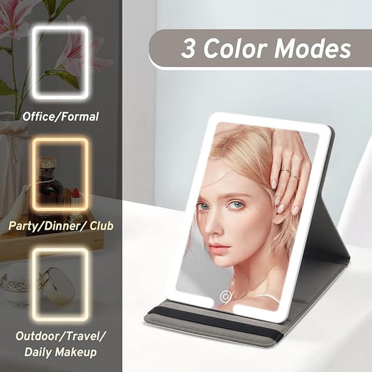 Makeup Mirror with Lights, PU Leather Travel Mirror with 3 Color Lighted Makeup Mirror with Sunflower Print, 8x5.5inch Vanity Mirror with Light Desktop Cosmetic Mirror, Lighted Travel Mirror for Women