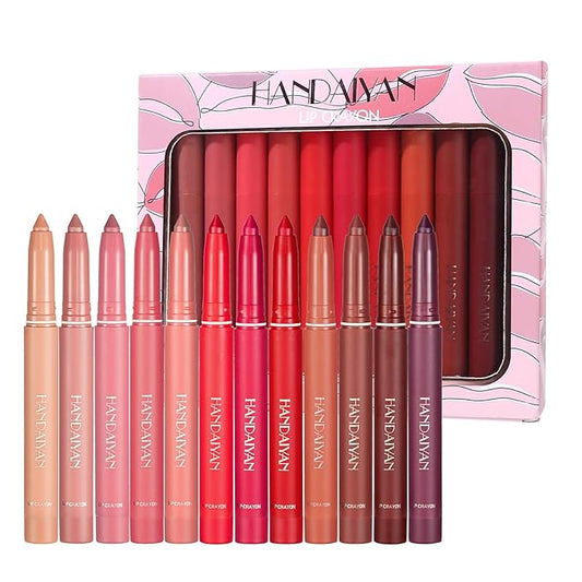 12 Colors Matte Lipstick Pen Lip Liner Pencil Set Waterproof Matte Lip Crayon Non-sticky Long-lasting Wear with Built-in Sharpener