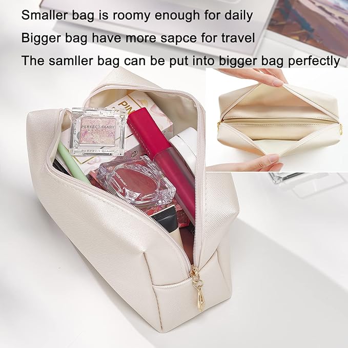 2pcc set PU Leather Cosmetic Bag for Women Minimalism Makeup Bag for Daily Use Portable Storage Purse Small Neat Cosmetic Pouch Water-resistant Toiletry Bag for Travel (Ivory White)