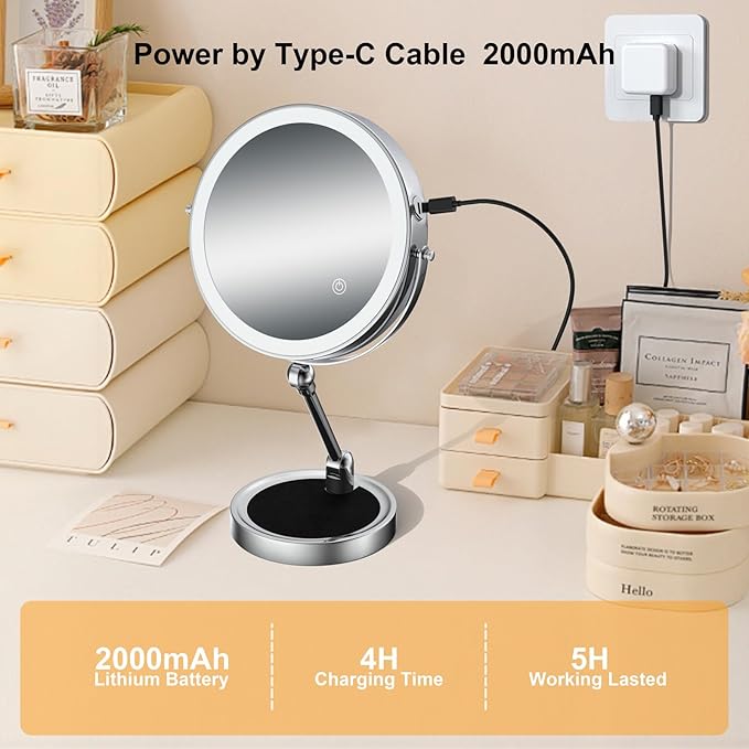 Makeup Mirror with Lights[Brightness Enhanced Version], Real 2000mah Rechargeable Double Sided 10x Magnifying Mirror with 3 Colors Table Vanity Mirror with Adjustable Height and Stand,Chrome