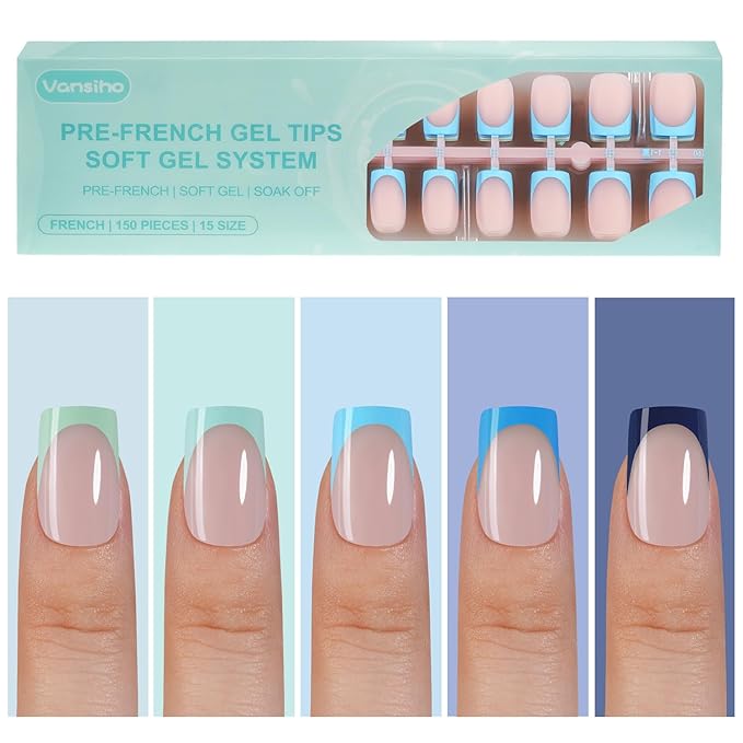 150Pcs French Gel Nail Tips, Vansiho Short Square Nail Tips, Blue Pre-French Tips Press on Nails, Soak Off Soft Gel Acrylic Fake Nails for Nail Art DIY 15 Sizes