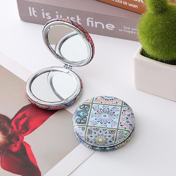 6 PCS Mixed-Color Bohemian Folding Makeup Mirror Portable Round Bread Mirror Thick Double Sided Pu Pocket Mirror