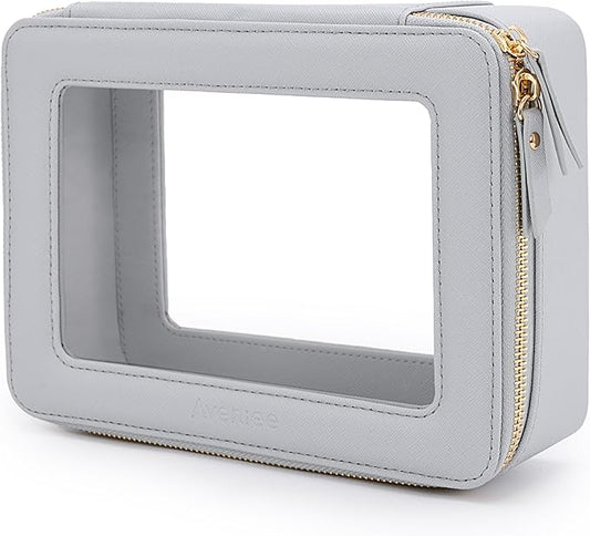 Aveniee Clear Makeup Bag Organizer, Portable Travel Toiletry Cosmetic Bag Case for Women, Heavy Duty Vegan Leather Make Up Pouch Car Bag for Essentials(Middle+Large) - Slate blue