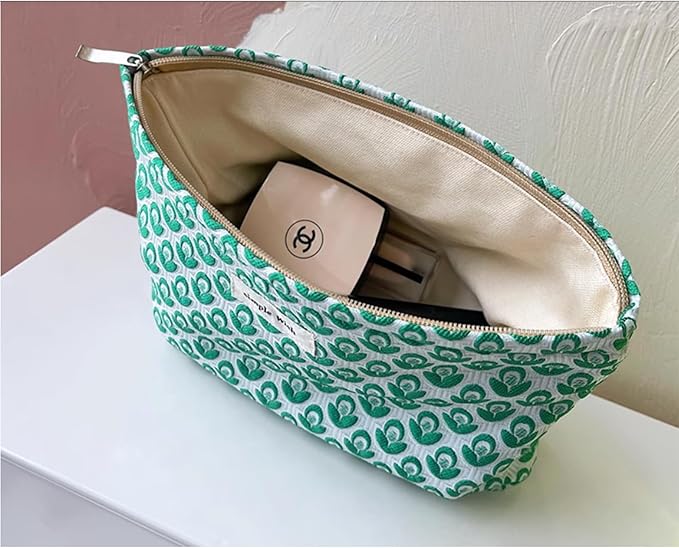 Makeup Bag Noble Floral Cosmetic Bag Cotton Toiletry Organizer Bag Portable Travel Bag Cute Pouch Case Make Up Bag for Women Green Color