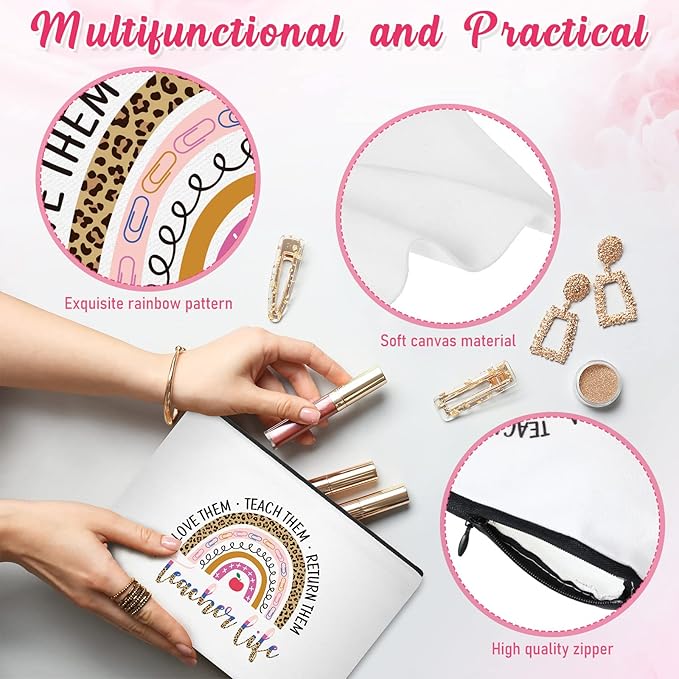 12 Pcs Teacher Gifts Makeup Bags Teacher Appreciation Travel Toiletry Canvas Cosmetic Pencil Survival Kit Bag for Women Zipper Pouch Bag Thank You Gifts Bulk (Rainbow and Pencil)