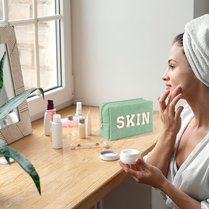 MAGEFY Small Makeup Bag for Purse Portable Makeup Pouch with Compartments Corduroy Make up Bag for Women Travel Cosmetic Essential (Green, SKIN)