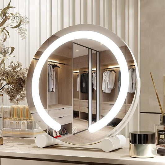 PRIMETEK Vanity Mirror with Lights, 13 inch LED Lighted Makeup Mirror, Round Makeup Mirror with Lights, Touch Screen, 3-Color Lighting, 5X Magnification, for Vanity Desk Tabletop, Bedroom, White