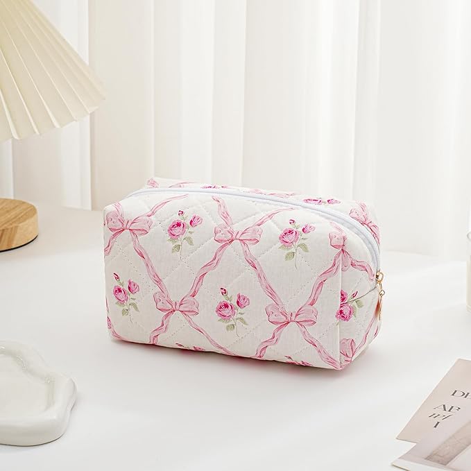 Gleyemor Small Quilted Makeup Bag for Women, Cute Floral Bow Cosmetic Bag, Emergency Bag Travel Toiletry Cotton Pouch Gifts for Girls Her Mom Friend Sister Bridesmaid (Pink Bowknot&Rose)