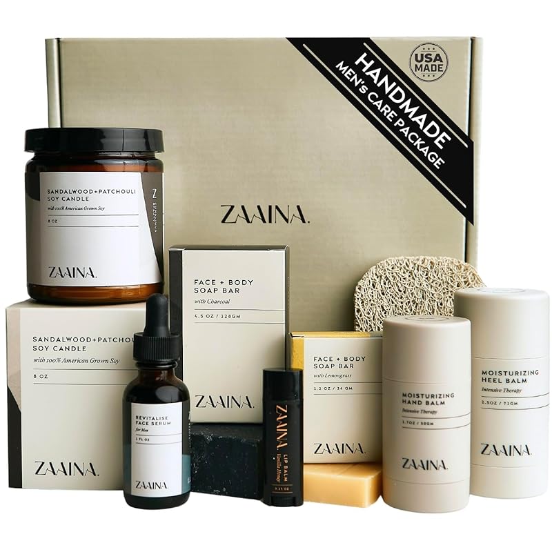Men's Self Care Package - Luxury Spa Gift Set for Him, Unique Father's Day Gifts for Men - Handmade in USA, Relaxation Spa Gift Set for Him - Natural Men Skin Care Kit with Sandalwood Candle, Self Care Gift for Men by ZAAINA