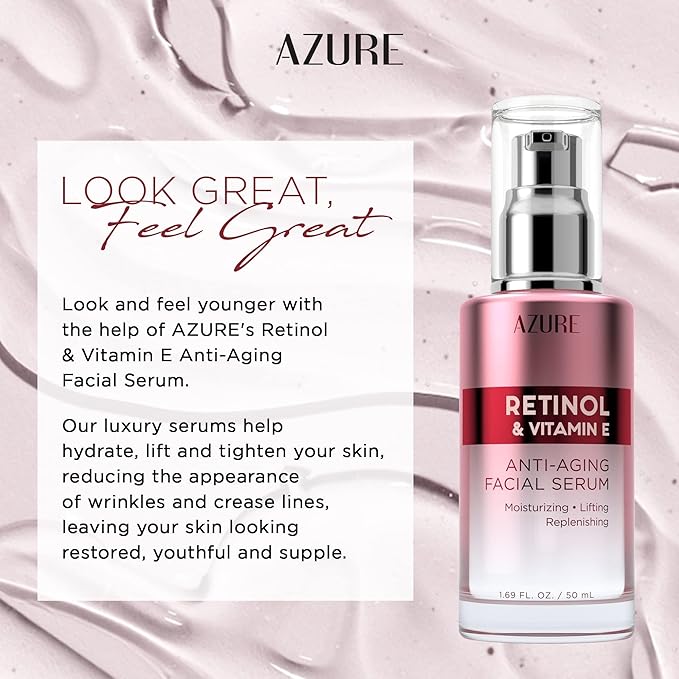 Azure Cosmetics Retinol Serum For Face - Dermatologist Tested, Anti Aging for Dark Spots & Skin Smoothing - Vitamin E for Replenishing & Skin Renewal - Vegan, Clean Beauty, Korean Skin Care - 2 Pack