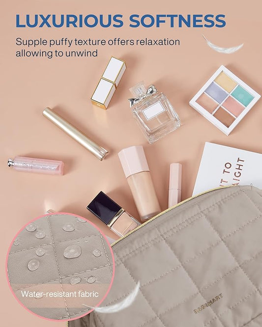 BAGSMART Makeup Bag Travel Toiletry Bag, Puffy Padded Make Up Bags for Women Makeup Organizer Case, Wide-open Pouch Purse Travel Essentials Toiletries Accessories Brushes, Camel