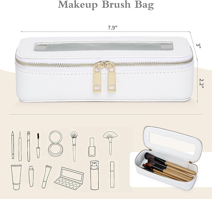 Makeup Brush Case Clear Travel Cosmetic & Toiletry Bag Small Makeup Bag with Zipper Purse Organizer Car Essential Bag for Women (White, SLIM)