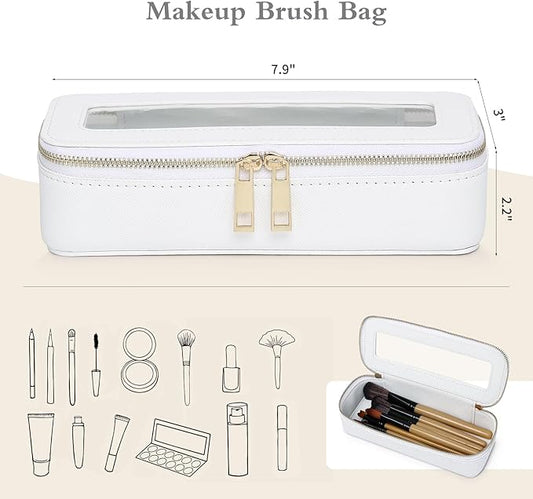 Makeup Brush Case Clear Travel Cosmetic & Toiletry Bag Small Makeup Bag with Zipper Purse Organizer Car Essential Bag for Women (White, SLIM)