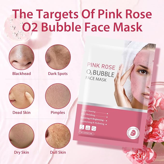 IREV Pack of 10 Pink Rose O2 Bubble Face Masks Skincare - Spa Gifts for Women - Bubble Face Sheet Mask Cleaner Foaming Purifying Facial Mask for Acne and Pores Moisturizing Beauty Sheet Masks