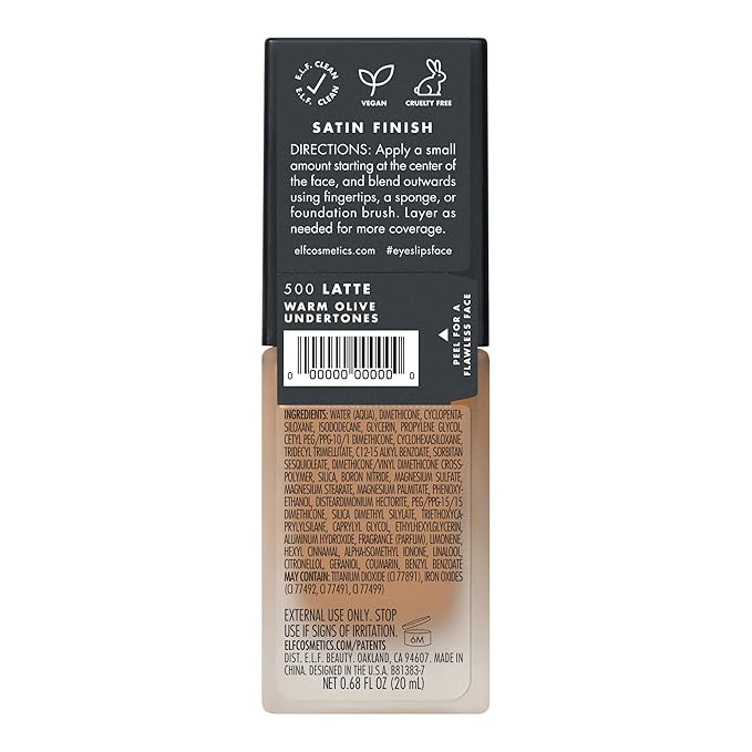 e.l.f. Flawless Satin Foundation, Lightweight & Medium Coverage, Semi-Matte Finish, Vegan & Cruelty-Free, Latte, 0.68 Fl Oz (20mL)