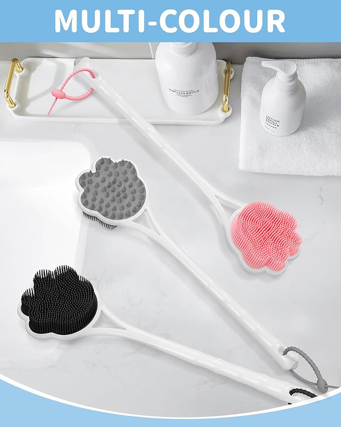 Manmihealth 15.7" Cute Silicone Body Scrubber & Soft Shower Brush Face Scrubber Set (3 PCS), Paw-Shaped Silicone Back Brush & Body Facial Scrubber with Super-Soft Bristles Combination(BlackSet)