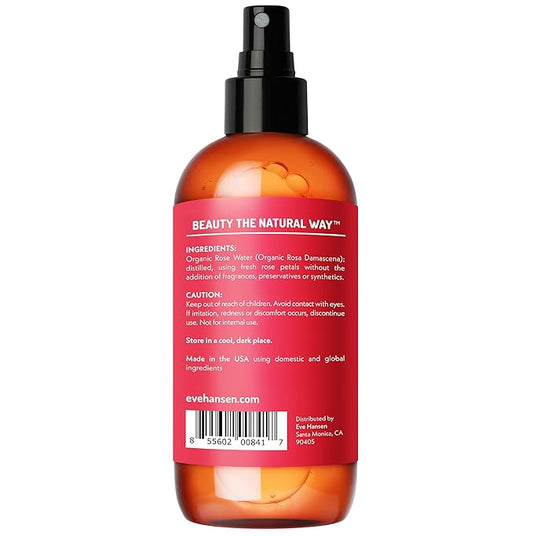 Eve Hansen Organic Rose Water Spray for Face | Huge 8 oz Moroccan Rosewater Face Toner and Makeup Setting Spray | Soothing Neck and Face Mist to Reduce Eye Puffiness, Dark Circles and Redness