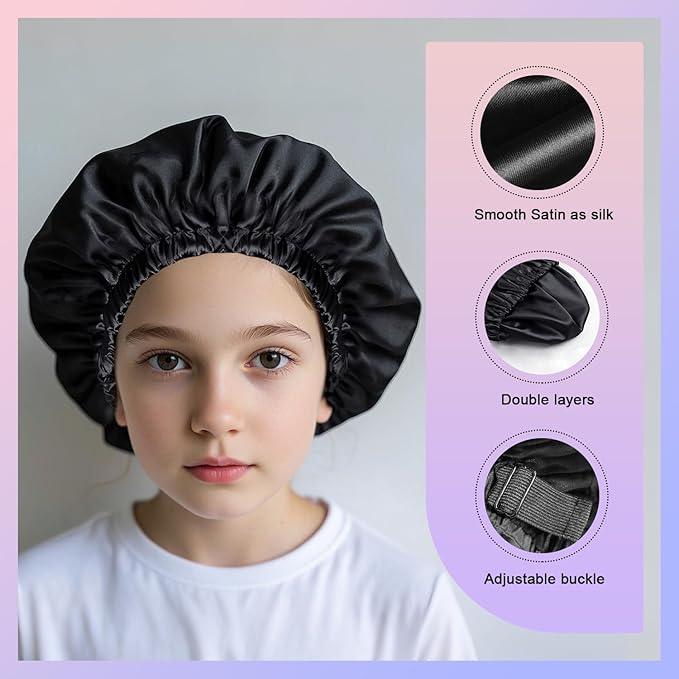 2PCS Silk Sleeping Bonnet，Double Layer Satin Bonnet for Women，Adjustable Silk Hair Cap, Shower Cap, Ideal Gift (Black+Blue)